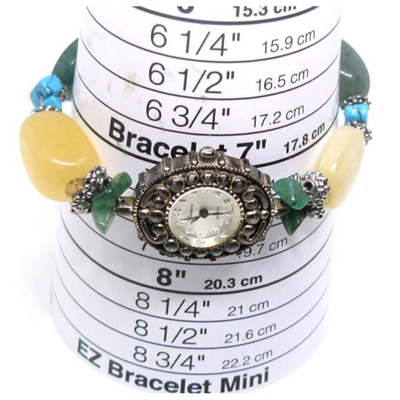 Handcrafted Geneva Quartz Watch Bracelet Gemstone Accents Ornate Metal Bezel Vtg - Picture 4 of 4